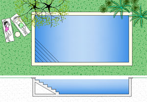 Disegno piscina rettangolare con scala in muratura interna e fondo piatto