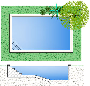 Disegno piscina rettangolare 4x7 con bordo e scala in muratura
