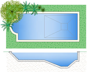 Disegno piscina rettangolare  4 x 9 con scala romana