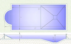 Disegno piscina 7 x 15 con scala romana