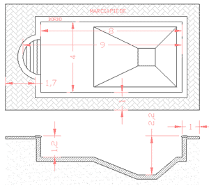 Disegno piscina 4 x 8 con scala romana